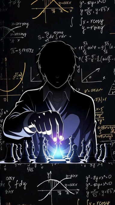 An anime-style illustration of a silhouetted figure moving chess pieces, set against a dark background covered in various mathematical equations and graphs.