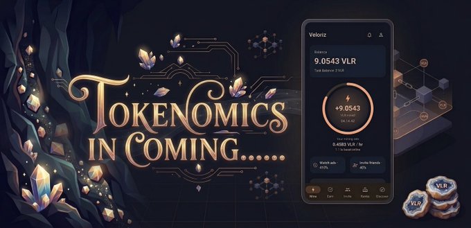 A decorative banner with gold "Tokenomics in Coming..." text alongside glowing crystals and a mobile app showing the VLR coin balance of 9.0543 valued at $1.14, visually reinforcing the message that the Veloriz team is building strong tokenomics for the $VLR token launch while the community continues mining.