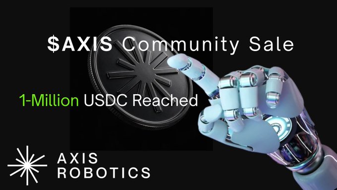 An "AXIS ROBOTICS" promotional graphic celebrates "$AXIS Community Sale" reaching "1-Million USDC Reached," featuring a robotic hand holding a coin.
