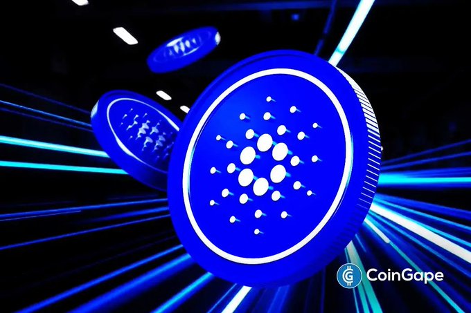 A digital illustration features three glowing blue Cardano (ADA) coins flying through space with radiant light streaks, accompanied by the "CoinGape" logo in the bottom right corner, visually representing the cryptocurrency's 20% weekly price surge highlighted in the article.