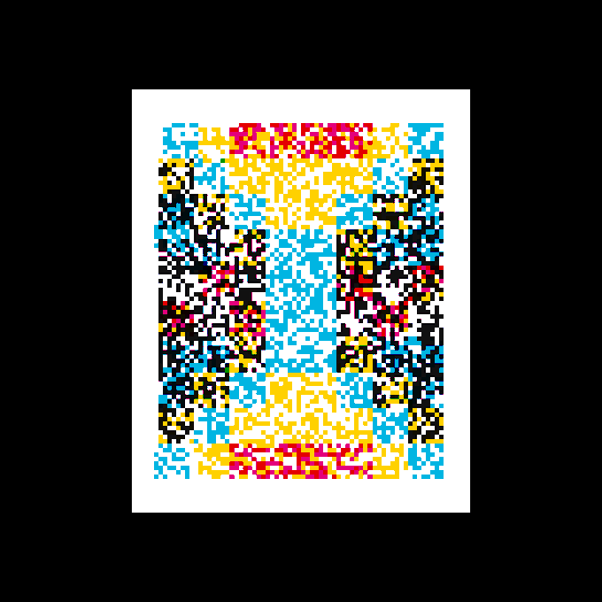 A colorful pixelated poster or print featuring a mosaic-like pattern in blue, yellow, red, pink, black, and white against a black background.