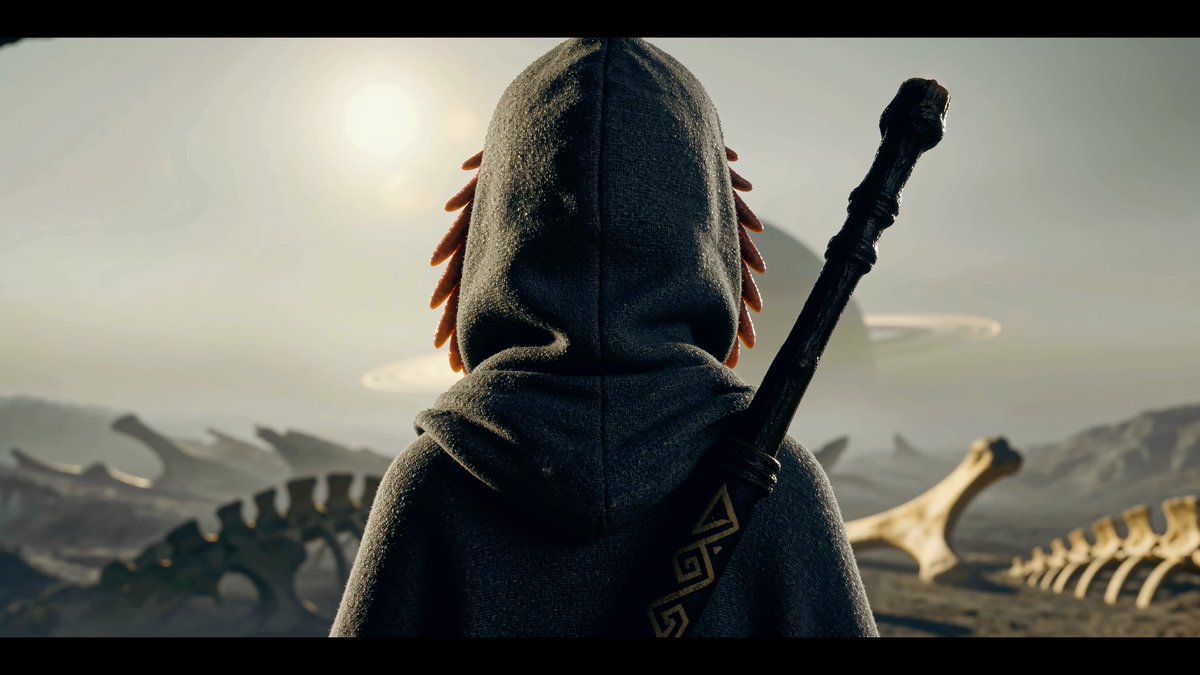 A hooded figure seen from behind, with reddish tentacle-like appendages around the face, carries a dark staff against a desolate landscape featuring dinosaur skeletons and a pale sun.
