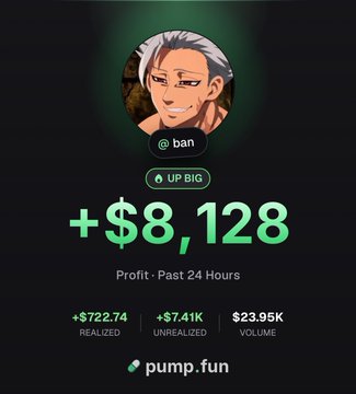 A black-and-green Pump.fun profile card for “@ ban” with an UP BIG badge shows “+$8,128” profit in the past 24 hours, including “+$722.74 REALIZED,” “+$7.41K UNREALIZED,” and “$23.95K VOLUME.” The accompanying post ties this apparent trading success to a recent “Pokémon meta,” promoting a generational run and a giveaway of 3 SOL to three Pump.fun referrals who follow and retweet.