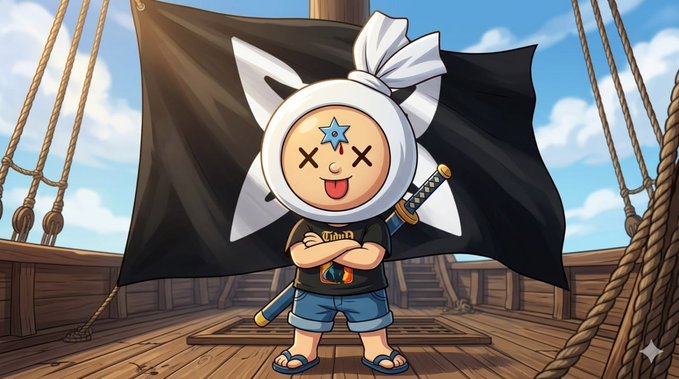 The image features a cartoon character dressed in blue shorts, holding a sword and standing next to a large black and white flag with a skull and crossbones symbol on it. The character appears to be posing for a photo or drawing, possibly as part of an art project or illustration.
