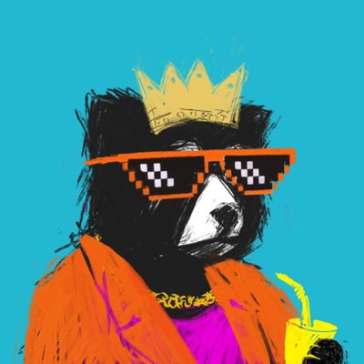 A stylized digital illustration of a black bear character wearing a yellow crown, pixelated sunglasses with orange frames, an orange jacket, and holding a yellow drink with a straw.