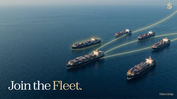 An aerial view shows several cargo ships sailing in formation across the ocean with glowing lines connecting them, alongside the text "Join the Fleet." and the "Estra Ship" branding, illustrating Ethra Ship Harbor's "Half Sail" concept where yields are split between users and the development of maritime data verification sensors and network infrastructure.