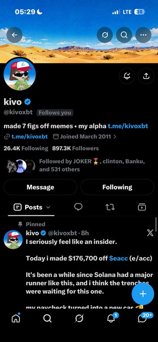 A Twitter/X profile for 'kivo' (@kivoxbt) with 897.3K followers shows a pinned tweet about making $176,700 off Seacc, mentioning Solana's major runner.