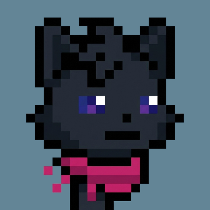 A pixel art character with dark hair, blue eyes, and a pink scarf is set against a solid blue background.