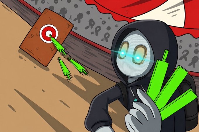 A hooded robot character holds a bundle of green rocket projectiles while one rocket hits a bullseye target in the background, symbolizing precision and successful "calls" on cryptocurrency tokens like $CATE and $EYE mentioned in the tweet.