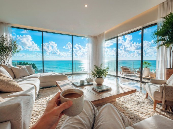 A first-person perspective of relaxing in a bright, modern living room with floor-to-ceiling windows overlooking a turquoise ocean, holding a ceramic mug of coffee.