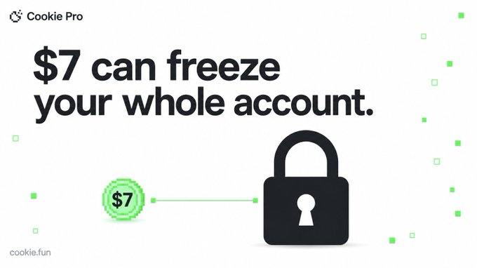 The image features a bold headline reading "$7 can freeze your whole account." alongside an illustration of a green $7 token connected by a line to a large black padlock, visually representing how a small, sanctioned USDT deposit could trigger a compliance freeze on a user's exchange account.