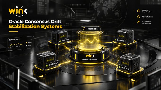 Wink Oracle Consensus Drift Stabilization Systems promotional graphic showing oracle nodes connected in a network with recalibration features.