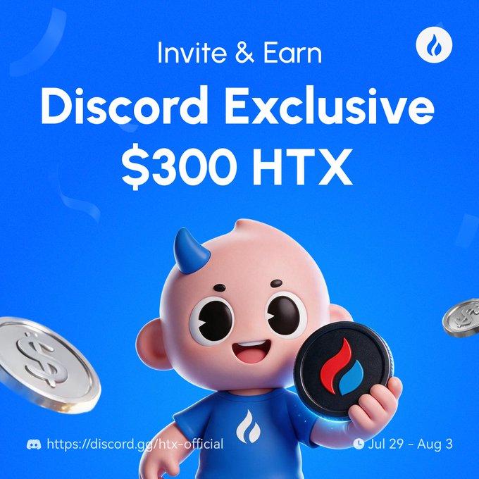A promotional graphic for HTX crypto exchange featuring a cute pink devil-like mascot holding an HTX coin, advertising a 'Discord Exclusive $300 HTX' invite and earn campaign running Jul 29 - Aug 3.