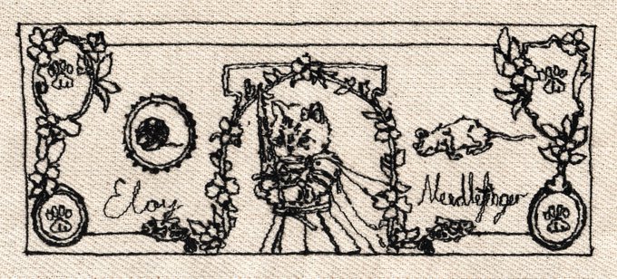 A black and white sketch on fabric resembling currency, with a portrait of a woman labeled 'Eloy' and decorative floral borders with circular medallions.