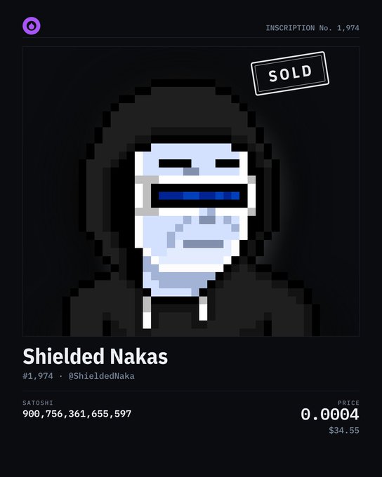 An NFT listing on what appears to be a Bitcoin Ordinals marketplace showing 'Shielded Nakas' #1,974 (@ShieldedNaka), marked as SOLD with a price of 0.0004 (~$34.55).