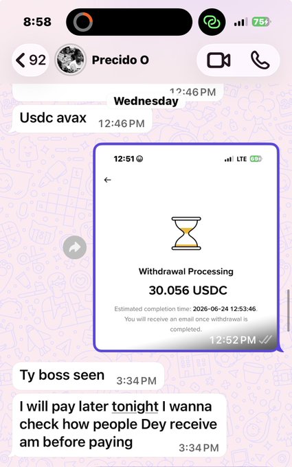 A mobile phone screenshot of a messaging app shows a chat with 'Precido O' discussing a USDC AVAX withdrawal, featuring a 'Withdrawal Processing' notice for 30.056 USDC.