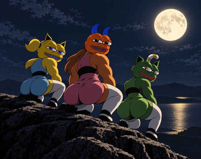 An illustrated scene of three anthropomorphic characters (yellow cat, orange horned creature, and green figure) sitting on a rocky cliff under a full moon at night.