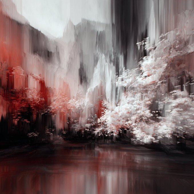 An atmospheric digital painting of a misty mountain landscape with cascading waterfalls and delicate red and white flowering trees reflected in calm waters below.