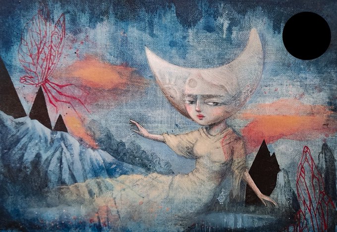 An ethereal painting of a woman with a large crescent moon-shaped head sitting among mountains, with a red butterfly nearby and a black circle in the sky.