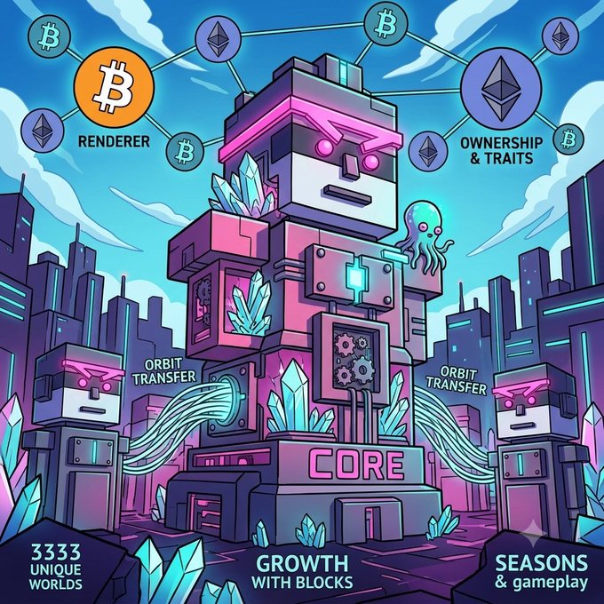 A colorful digital illustration features a central pink and purple blocky structure labeled 'CORE', surrounded by floating icons including Bitcoin (labeled 'RENDERER') and Ethereum (labeled 'OWNERSHIP & TRAITS'), with text highlighting '3333 UNIQUE WORLDS', 'GROWTH WITH BLOCKS', and 'SEASONS & gameplay'.