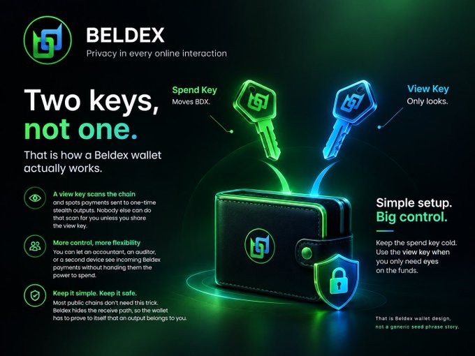 An advertisement for 'BELDEX' cryptocurrency wallet featuring a black wallet with two glowing keys - a green 'Spend Key' and blue 'View Key' - emphasizing privacy in online interactions.