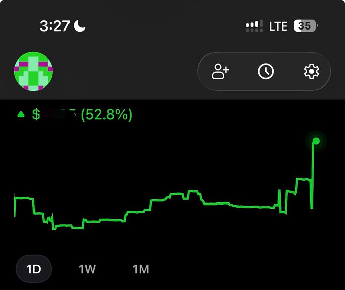 A smartphone screenshot showing a stock chart for ticker '$...' (partially obscured) up 52.8% with a green line graph, displaying 3:27 time, LTE signal, and 35% battery.