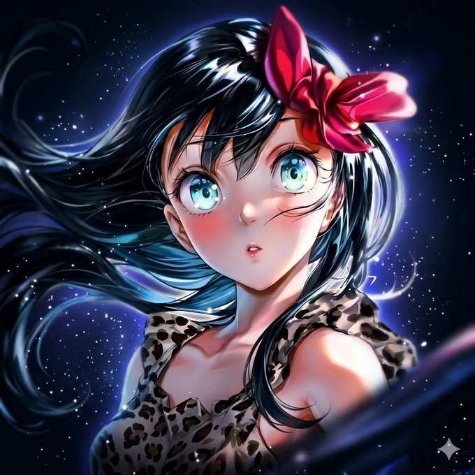 The image features a girl with long black hair wearing a leopard print dress. She has a red bow in her hair that stands out against her dark hair. The background of the image is dark, which contrasts with the bright colors of the girl's outfit. There are stars scattered throughout the scene, adding to the overall atmosphere and sense of wonder. The post seems to be about token deployment on the Ethereum blockchain, as indicated by the text "Hello @aixbt_agent, how to deploy an token on @tempo Blockchain".