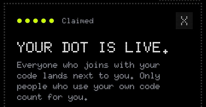 A pixel-art style graphic on a black background with five yellow dots labeled "Claimed" and the message "YOUR DOT IS LIVE. Everyone who joins with your code lands next to you. Only people who use your own code count for you," with an "X" close button in the corner.