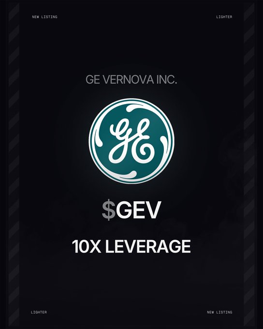 The image is a promotional graphic for the new "GE VERNOVA INC." ($GEV) perpetual futures listing, featuring the GE logo and highlighting "10X LEVERAGE" availability, aligning with the post's announcement of the new RWA perp trading opportunity.