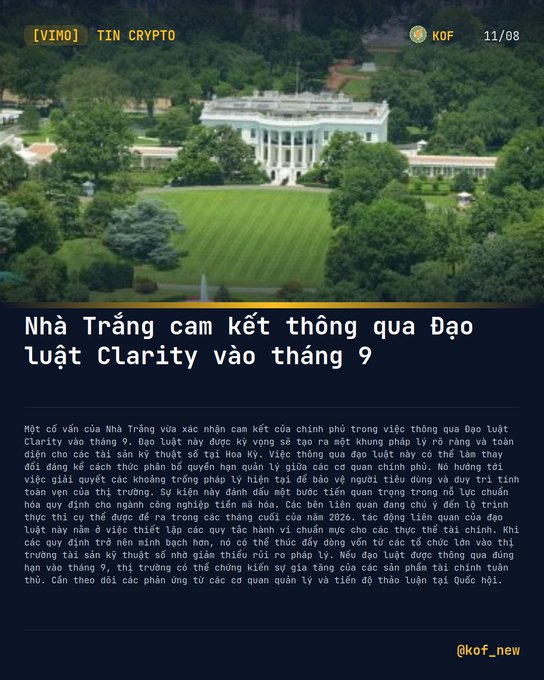 A Vietnamese crypto news post titled '[VIMO] TIN CRYPTO' about 'Nhà Trắng cam kết thông qua Đạo luật Clarity vào tháng 9' (White House commits to passing Clarity Act in September), featuring an aerial image of the White House.