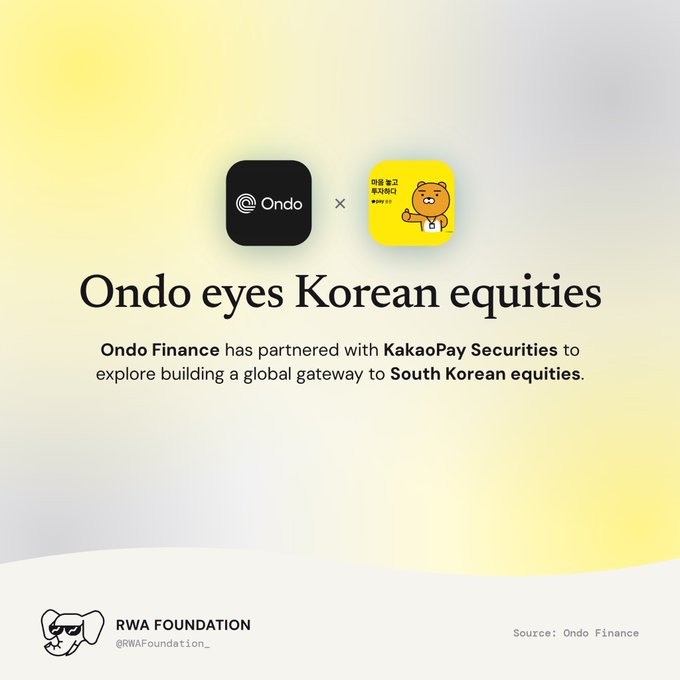A promotional graphic with 'Ondo eyes Korean equities' headline, noting Ondo Finance has partnered with KakaoPay Securities, attributed to RWA Foundation.