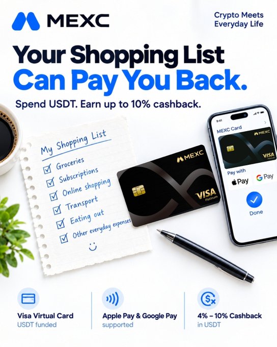 An advertisement for 'MEXC' crypto card with the text 'Your Shopping List Can Pay You Back' and 'Spend USDT. Earn up to 10% cashback.', showing a shopping list with checkboxes for groceries, subscriptions, and other items alongside a Visa virtual card.