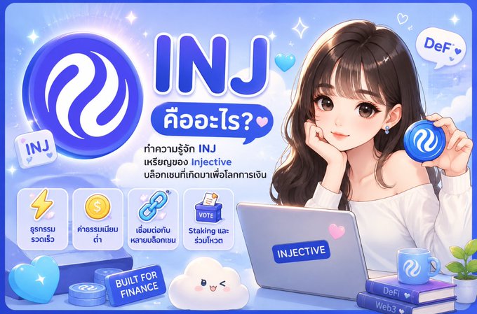 An anime-style promotional graphic features a smiling girl with the INJ (Injective) logo and text asking "INJ คืออะไร?" (What is INJ?), highlighting key features like fast transactions, low fees, cross-chain bridging, and staking/voting, with a "BUILT FOR FINANCE" laptop. The image illustrates the Thai-language post explaining that INJ is the native token of Injective, a Layer 1 blockchain built specifically for finance, DeFi, and cross-chain asset transfers.