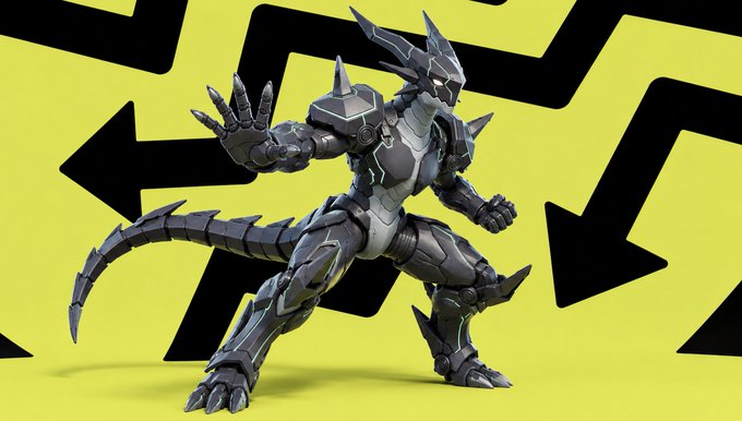 A sleek, robotic dragon-like mech with clawed hands, spiked armor, and a long segmented tail strikes a powerful pose against a yellow background featuring black arrows pointing in multiple directions. The image embodies the high-quality 3D art aesthetic celebrated in the NFT space, reflecting the post's message about keeping on-chain artistry alive for an upcoming Robinhood project.