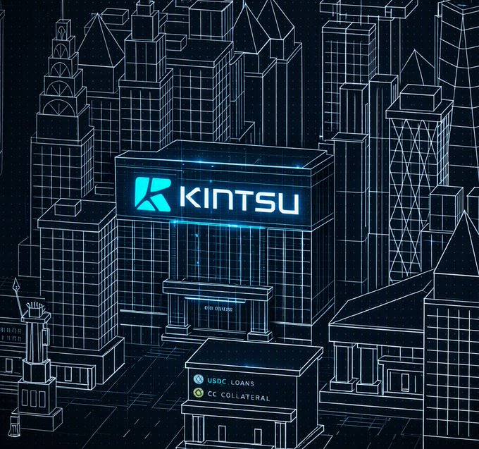 A stylized wireframe cityscape illustration features a prominent 'KINTSU' logo building, with smaller buildings labeled 'USDC LOANS' and 'CC COLLATERAL' in the foreground.