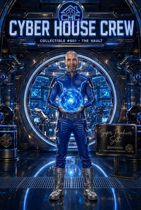 A stylized digital artwork shows a figure in a blue futuristic CHC jumpsuit holding a glowing blue energy orb inside a high-tech vault, with text reading "CYBER HOUSE CREW COLLECTIBLE #001 • THE VAULT" and a personalized plaque displaying "Super Producer Seth" with handles @SethOatley and "Crew: 3 Name: Ambitious"—aligning with the post's announcement of the first installment in a series of personalized CHC collectibles shared weekly.