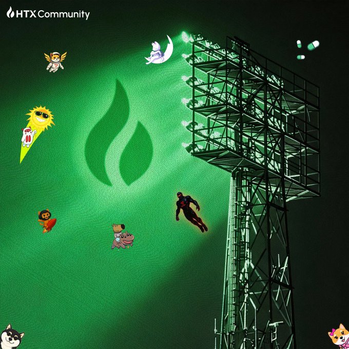 The image features the "HTX Community" logo in the top-left corner alongside various cartoon characters, a green flame-like logo, and a large industrial structure with stadium lights against a dark green background, visually reinforcing the post's theme of "illuminating the path forward with pure green power" through the glowing green lights piercing the darkness.
