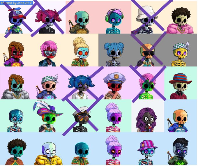 A grid of cartoon skull characters with various colorful hairstyles and outfits, some crossed out with purple X marks, credited to 'Lifted by LittleOllie1'.