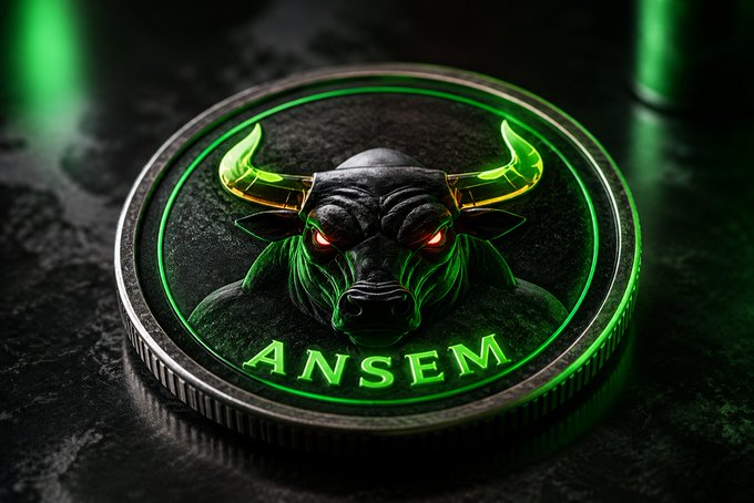A 3D-rendered coin featuring a black bull with glowing green horns and red eyes, with the text 'ANSEM' displayed prominently on the coin's face.