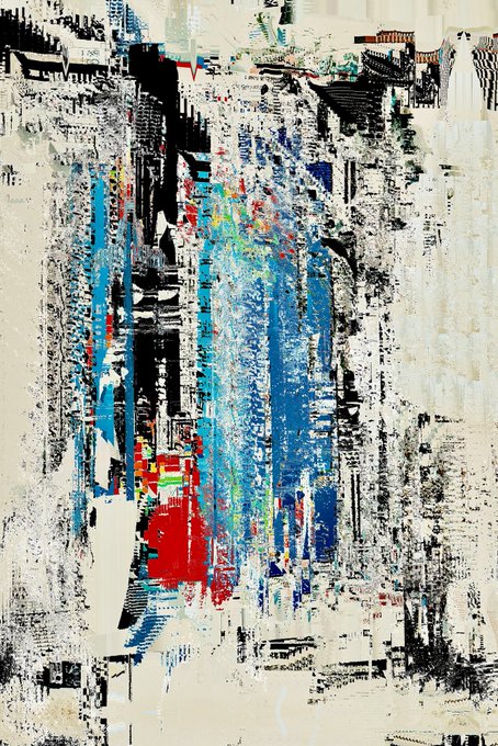 Another abstract mixed-media artwork similar in style, with vertical compositions of blue, red, black, and colorful paint streaks dripping down a textured cream-colored background.