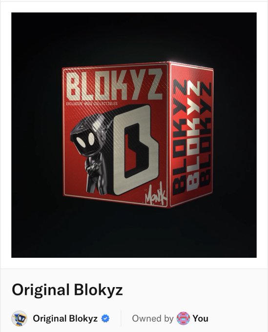 A digital collectible NFT showing a red box with a black character figure and 'BLOKYZ' text. Labeled 'Original Blokyz' and 'Owned by You'.