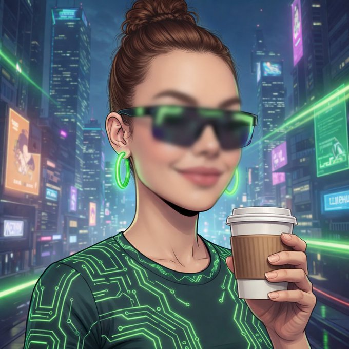 The image features a woman wearing a green shirt, sunglasses, and holding a coffee cup. The background of the image shows neon lights from buildings, suggesting that they are in an urban setting or possibly a city at night. The caption for this image reads "GM CT! Time for work and meetings! Need a strong coffee and using @useTria let me get my morning cappuccino and pay with ?".