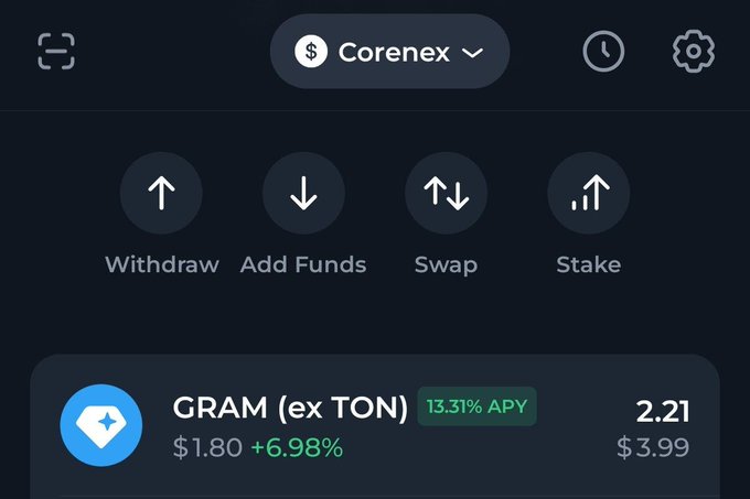 A cryptocurrency wallet interface shows a "GRAM (ex TON)" asset holding 2.21 units valued at $3.99, priced at $1.80 (+6.98%), offering 13.31% APY on the Corenex platform. The image illustrates the post's criticism of the TON to GRAM rebrand, showing the token's modest price movement to $1.80 and staking yield amid skepticism about Pavel Durov's ability to drive ecosystem growth.