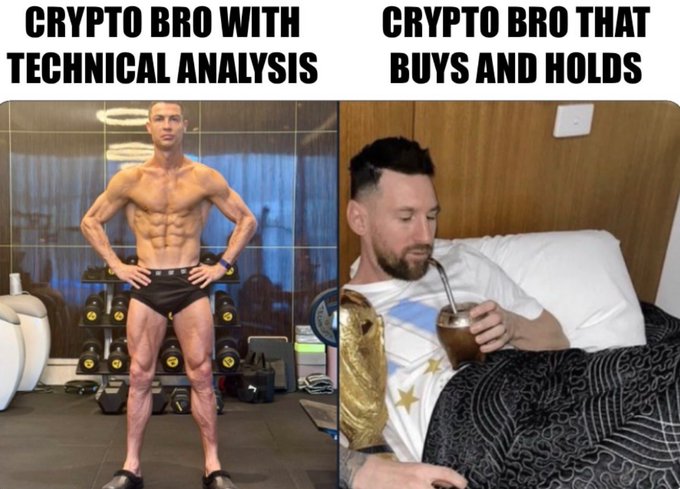A meme contrasting 'CRYPTO BRO WITH TECHNICAL ANALYSIS' (shown as a muscular Cristiano Ronaldo in underwear) versus 'CRYPTO BRO THAT BUYS AND HOLDS' (shown as Lionel Messi drinking mate in bed).