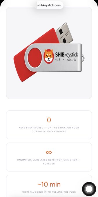 A product page for "shibkeystick" showing USB keys with the tagline "Keys ever stored — on the stick, on your computer, or anywhere" and "~10 min from plugging in to pulling the plug."