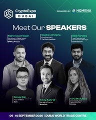 Promotional graphic for CryptoExpo Dubai sponsored by Homenga, scheduled for September 9-10, 2026, at Dubai World Trade Centre, featuring headshots and names of six speakers including Mehrnoush Yassaee (European Crypto Club), Stephan Dreyer (CZ Binance Middle East), Hilal Fahmy (XRPL Labs), Darvi Dela (XRPL Labs), Rohan Joshi, and Vlada Gordienko, tying into the post's discussion of XRP Ledger innovation and the $BXE token's media platform presence at the event.