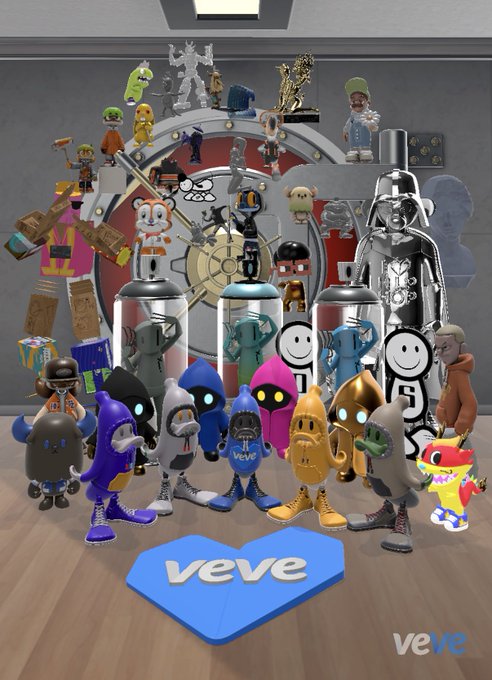 A 3D rendering of a room displaying various collectible NFT-style digital figurines, both displayed as statues and inside glass tubes, with the 'veve' logo visible at the bottom.