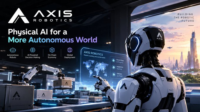 A promotional graphic for Axis Robotics features a humanoid robot and the text 'Physical AI for a More Autonomous World' alongside a futuristic cityscape.