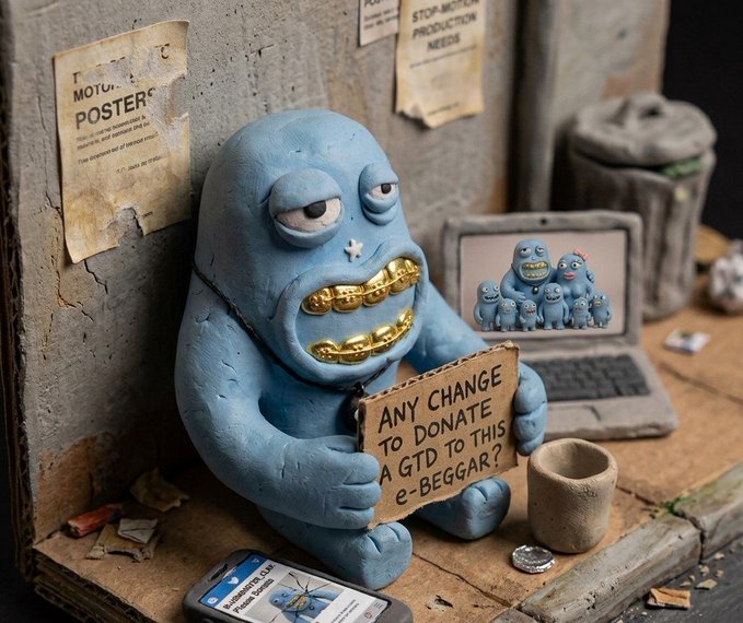 A whimsical claymation-style blue monster with gold teeth holding a cardboard sign that reads 'ANY CHANGE TO DONATE A GTD TO THIS E-BEGGAR?', sitting beside a laptop showing similar creatures.