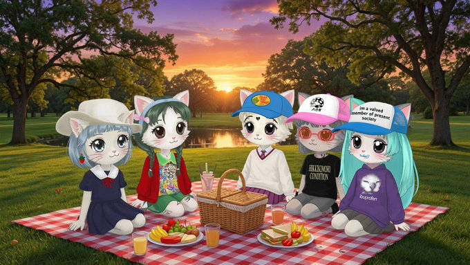 An anime-style illustration of five cat-eared characters having a picnic on a red and white checkered blanket at sunset, with a picnic basket and food spread out on the grass.